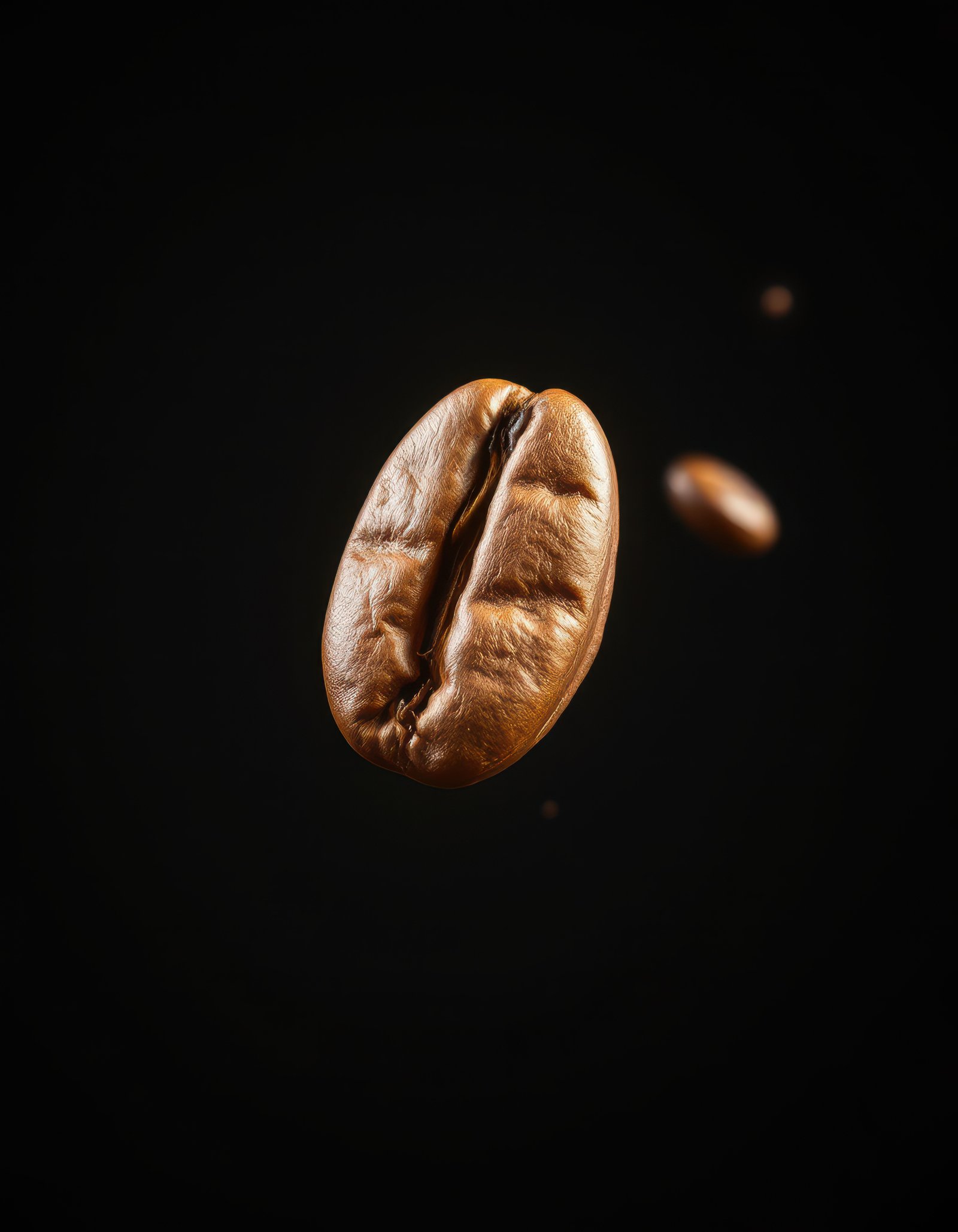 Floating coffee bean captured against a dark background highlights its texture and detail during a moment of elegance